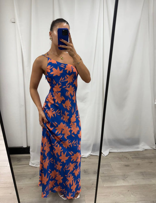 PALM DRESS - BLUE AND RUST